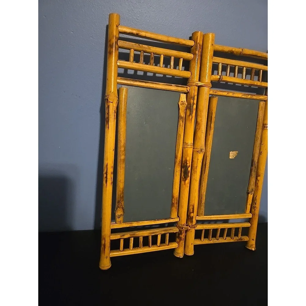 VTG Bamboo Rattan‎ Tabletop Vanity Mirror Folding 2 Sides Jewelry Holder Boho